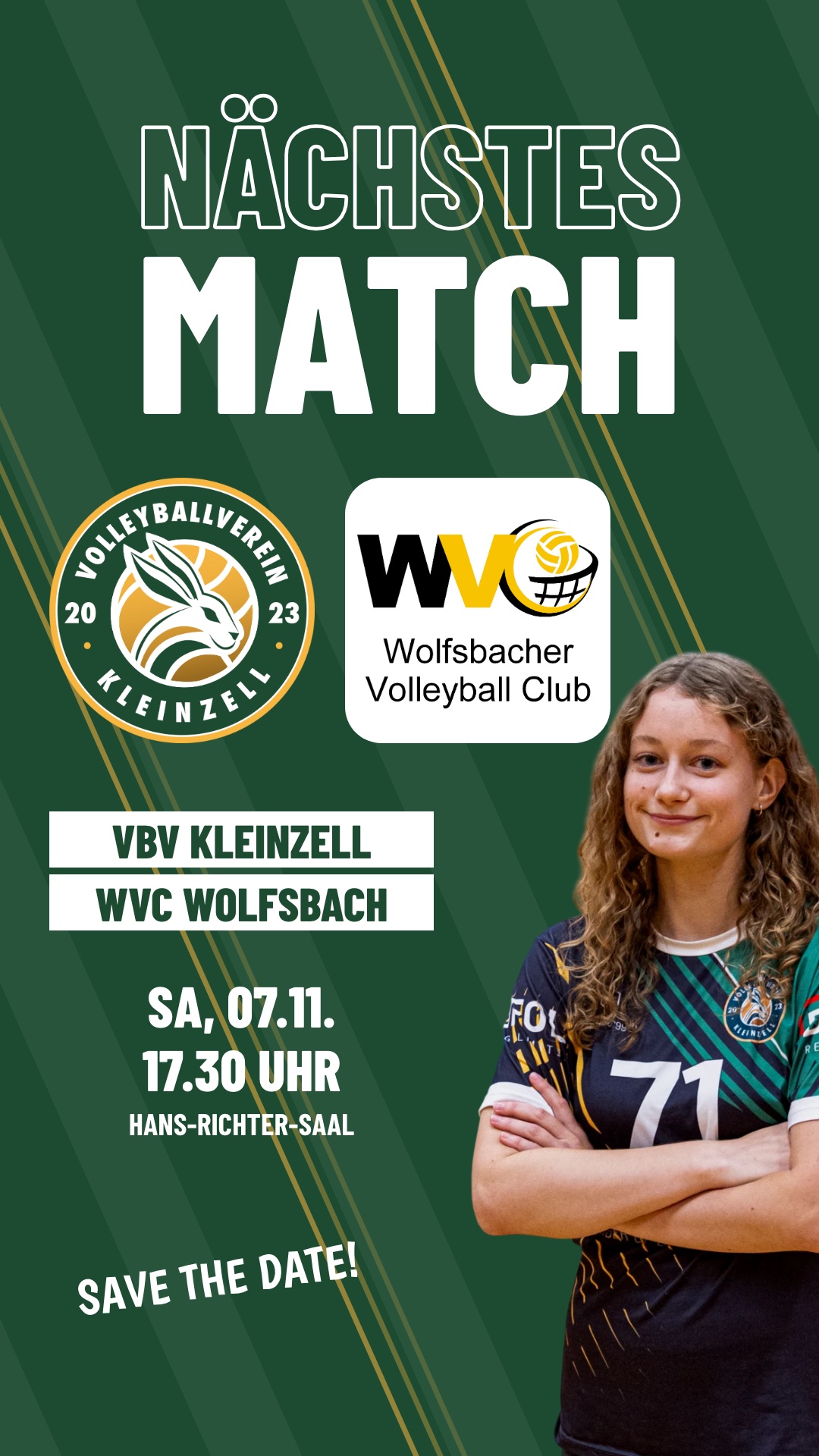 Plakat für das Mixed-Liga-Spiel VBV Kleinzell gegen den Wolfsbacher Volleyball Club am 7. November um 17.30 Uhr im Hans-Richter-Saal